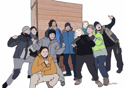 Illustration des paysannes qui ont se sont formées à la construction d'un toilette sèche en bois en non mixité choisie